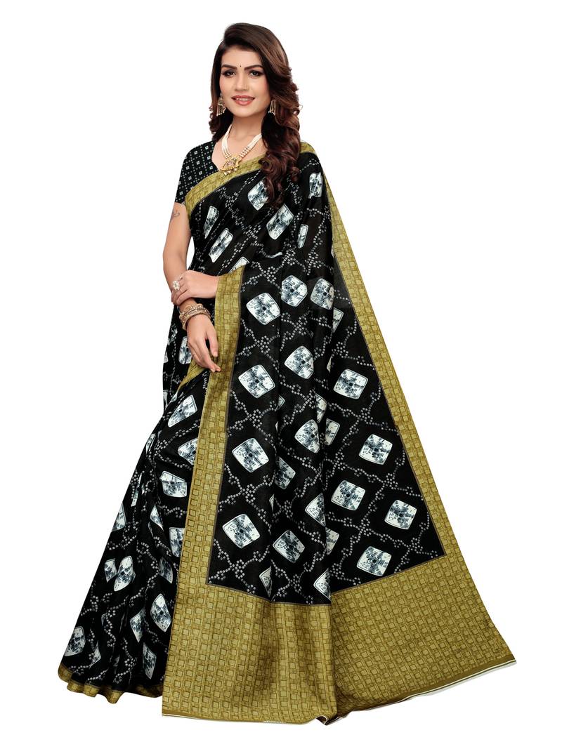 Black Printed Silk Blend Sarees With Unstitched Blouse