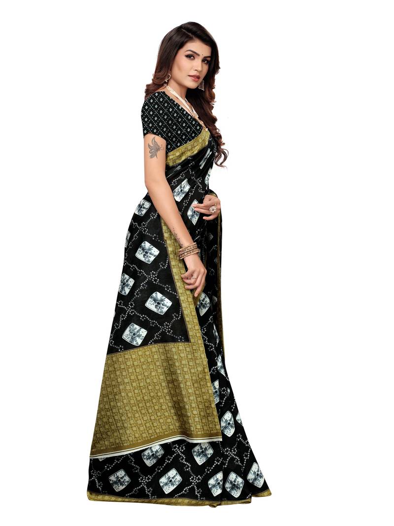Black Printed Silk Blend Sarees With Unstitched Blouse
