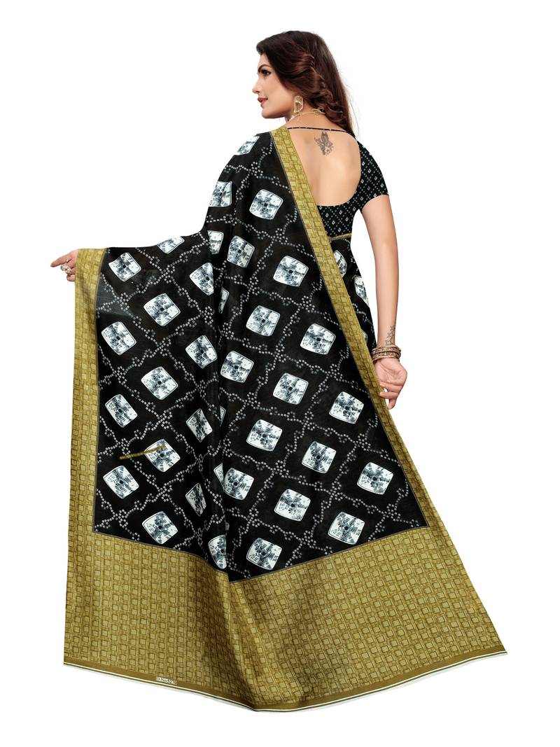 Black Printed Silk Blend Sarees With Unstitched Blouse
