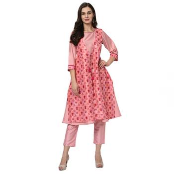 Women's Pink Digital Print A-LINE Polysilk Kurta Pant Set 2