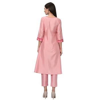 Women's Pink Digital Print A-LINE Polysilk Kurta Pant Set 3