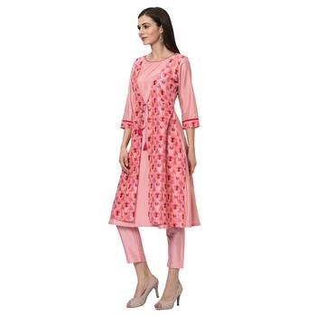 Women's Pink Digital Print A-LINE Polysilk Kurta Pant Set 4