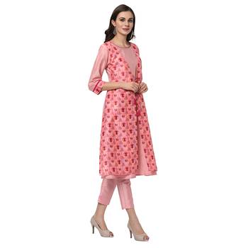 Women's Pink Digital Print A-LINE Polysilk Kurta Pant Set 5