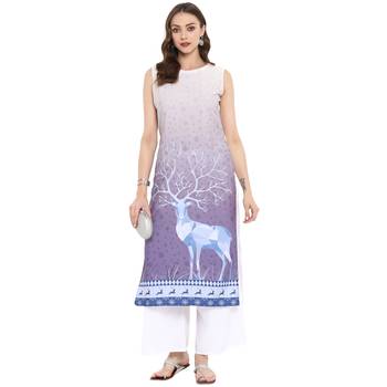 women's Purple Color Digital Print Straight Crepe Kurti 1