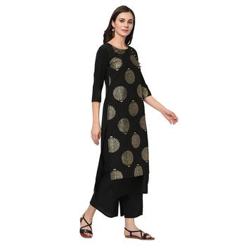Women's Black Foil Print Straight Crepe Kurta 3