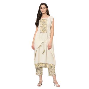 Women's Cream Digital Print Flared Flax Kurti 1
