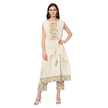 Women's Cream Digital Print Flared Flax Kurti 2