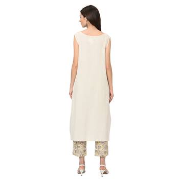 Women's Cream Digital Print Flared Flax Kurti 3