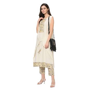 Women's Cream Digital Print Flared Flax Kurti 4