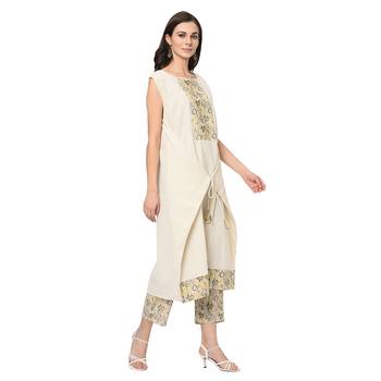 Women's Cream Digital Print Flared Flax Kurti 5