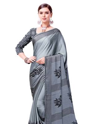 Grey Printed Shimmer Sarees With Unstitched Blouse 2