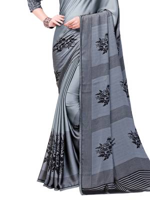 Grey Printed Shimmer Sarees With Unstitched Blouse 3