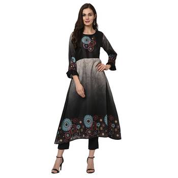 Women's Black Digital Print A-LINE Polysilk Kurti 1