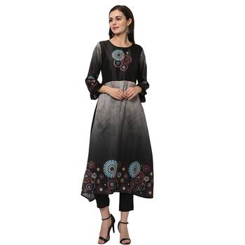 Women's Black Digital Print A-LINE Polysilk Kurti 2