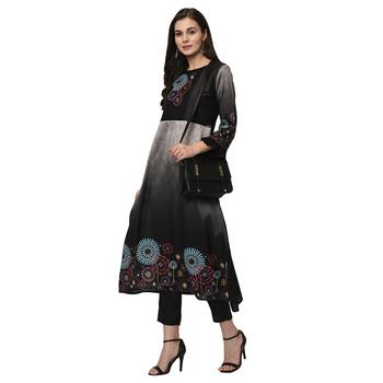 Women's Black Digital Print A-LINE Polysilk Kurti 4