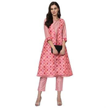 Women's Pink Digital Print A-LINE Polysilk Kurti 1
