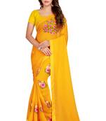 Mustar Embriodered Fancy Fabrics Saree With Lace and Blouse Piece.