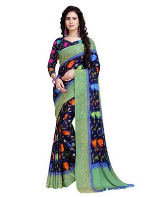 Navy Blue Printed Chiffon Sarees With Unstitched Blouse 1