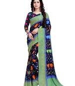 Navy Blue Printed Chiffon Sarees With Unstitched Blouse