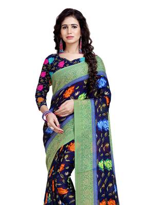 Navy Blue Printed Chiffon Sarees With Unstitched Blouse 2