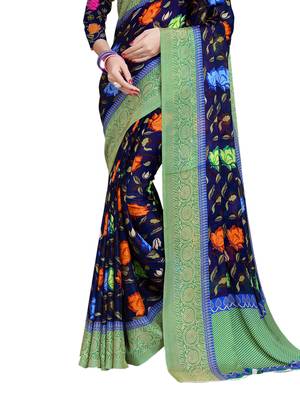 Navy Blue Printed Chiffon Sarees With Unstitched Blouse 3