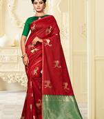Maroon Plain Banarasi Saree With Blouse