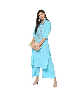 Women's Light Blue Color Straight Foil Print Kurta Palazzo Set 1
