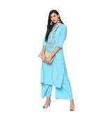 Women's Light Blue Color Straight Foil Print Kurta Palazzo Set