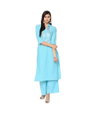 Women's Light Blue Color Straight Foil Print Kurta Palazzo Set 2