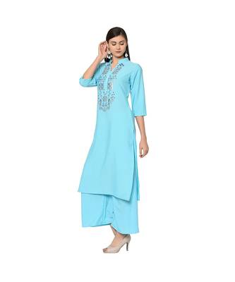 Women's Light Blue Color Straight Foil Print Kurta Palazzo Set 4