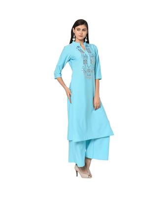 Women's Light Blue Color Straight Foil Print Kurta Palazzo Set 5