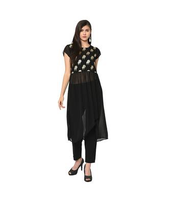 Women's Black Color A-Line Foil Print Kurta Pant Set 2