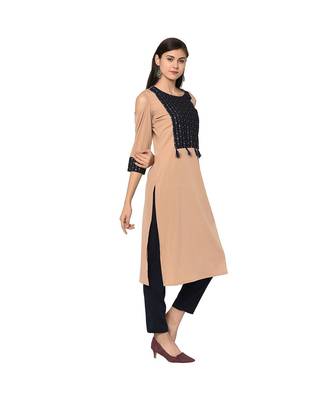 Women's Nude Color Straight Foil Print Kurta Pant Set 4