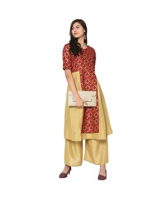 Women's Red Color A-Line Foil Print Kurta Palazzo Set 1