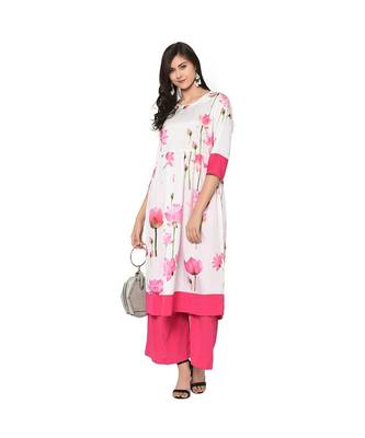 Women's White Color Flared Digital Print Kurta Palazzo Set 1