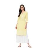 Women's Yellow Khadi Print Straight Polysilk Kurta Palazzo Set