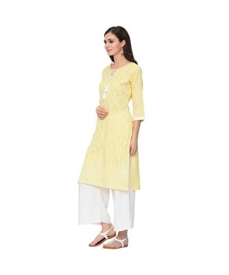 Women's Yellow Khadi Print Straight Polysilk Kurta Palazzo Set 4