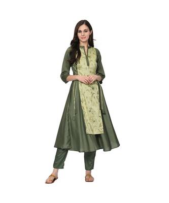 Women's Green Foil Print Flared Polysilk Kurta Pant Set 1