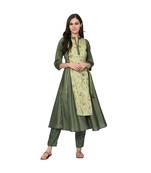 Women's Green Foil Print Flared Polysilk Kurta Pant Set