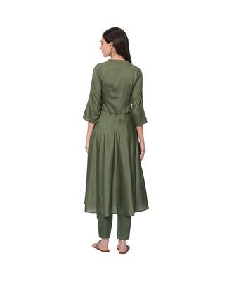 Women's Green Foil Print Flared Polysilk Kurta Pant Set 3