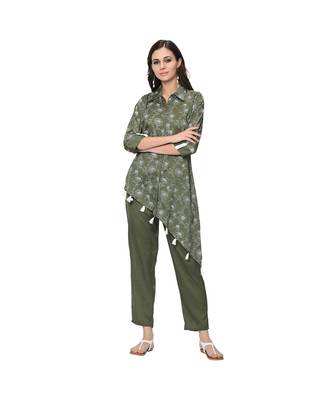 Women's Green Khadi Print Straight Polysilk Kurta Pant Set 1