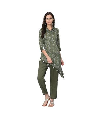 Women's Green Khadi Print Straight Polysilk Kurta Pant Set 2