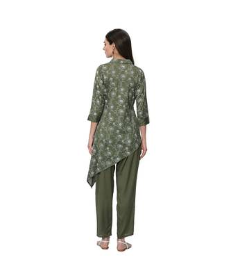 Women's Green Khadi Print Straight Polysilk Kurta Pant Set 3