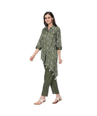 Women's Green Khadi Print Straight Polysilk Kurta Pant Set 4
