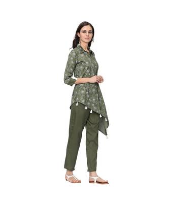 Women's Green Khadi Print Straight Polysilk Kurta Pant Set 5