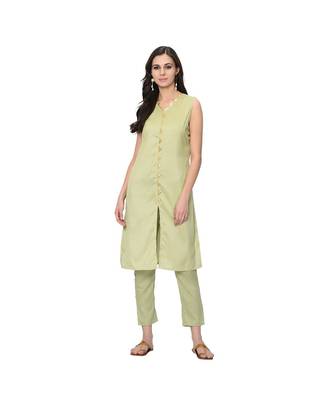 Women's Light Green Solid Straight Polysilk Kurta Pant Set 1