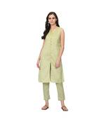 Women's Light Green Solid Straight Polysilk Kurta Pant Set
