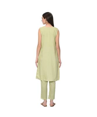 Women's Light Green Solid Straight Polysilk Kurta Pant Set 3