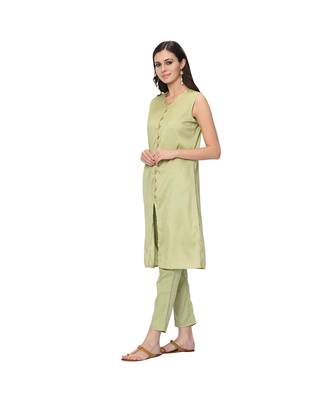 Women's Light Green Solid Straight Polysilk Kurta Pant Set 4