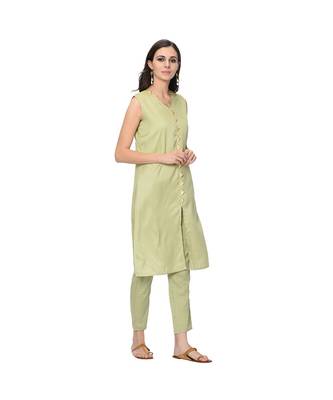Women's Light Green Solid Straight Polysilk Kurta Pant Set 5